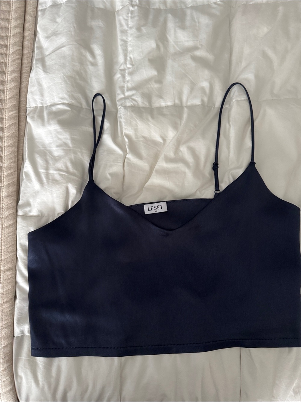 LESET Navy Silk Spaghetti-Strap crop Cami